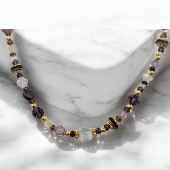 Vintage Glass Crystal Necklace Gold Tone Beads Purple Gold White Clear - Picture 4 of 7